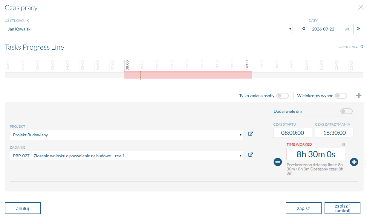 Work time entry form with a calendar that allows multiple dates to be selected