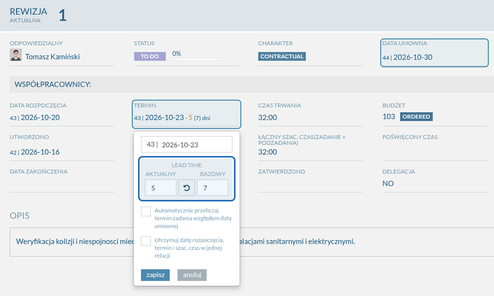 Flowgres task details: current Lead Time of 5 days, baseline of 7 days, and a button to restore the baseline value.