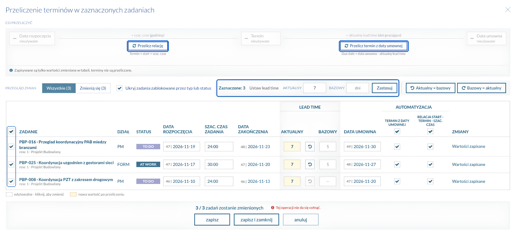 Bulk deadline recalculation dialog: three selected tasks, a 7-day Lead Time, and recalculation method buttons.