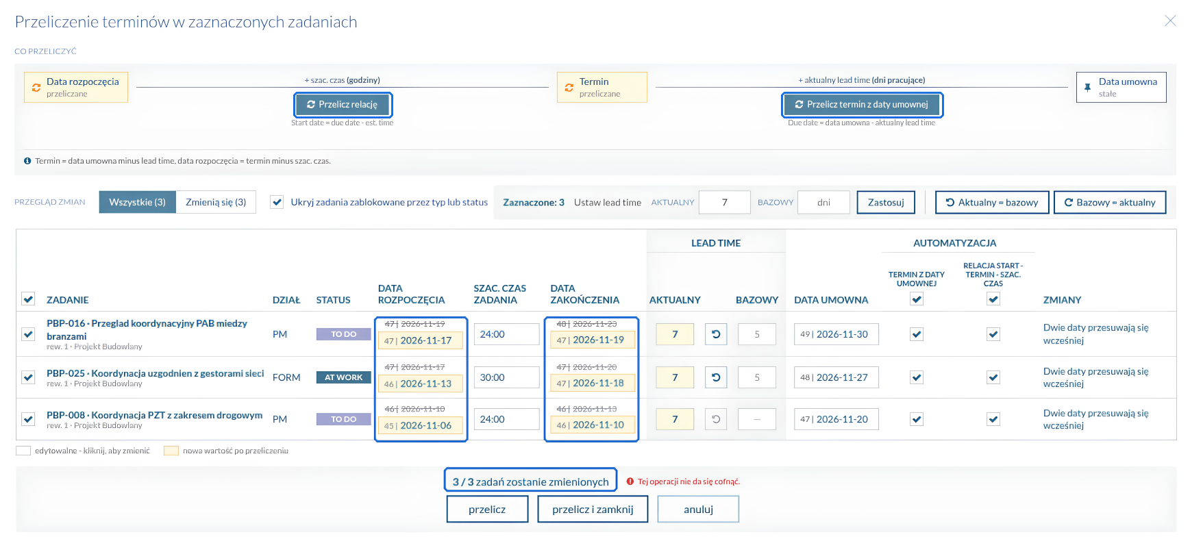 Preview of bulk recalculation for three tasks, highlighting new start and end dates and showing the number of changes.