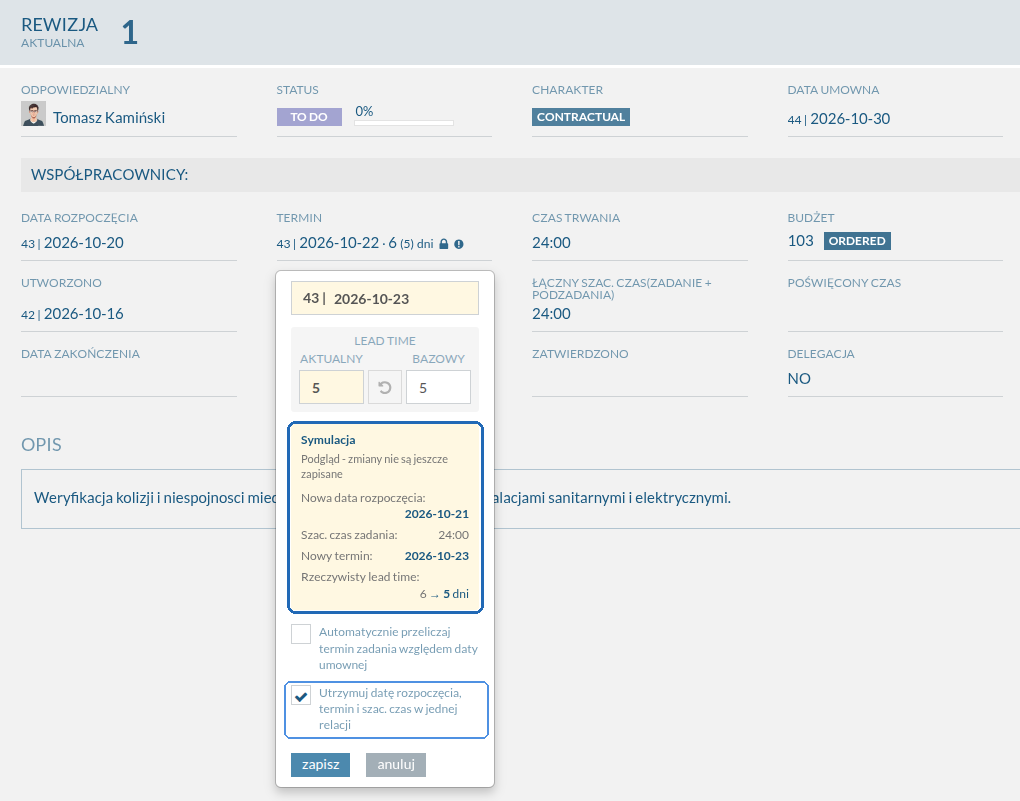 Simulation of adjusting task start and end dates to estimated effort after enabling the date relationship setting.