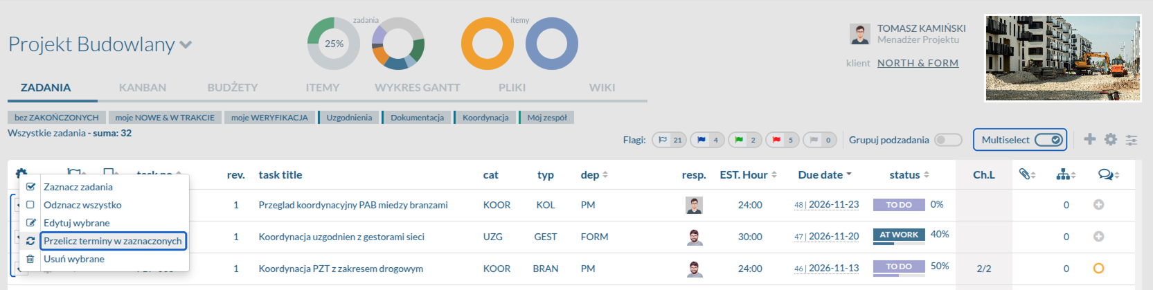 Flowgres task list with Multiselect enabled, selected tasks, and an open menu showing Recalculate deadlines for selected tasks.