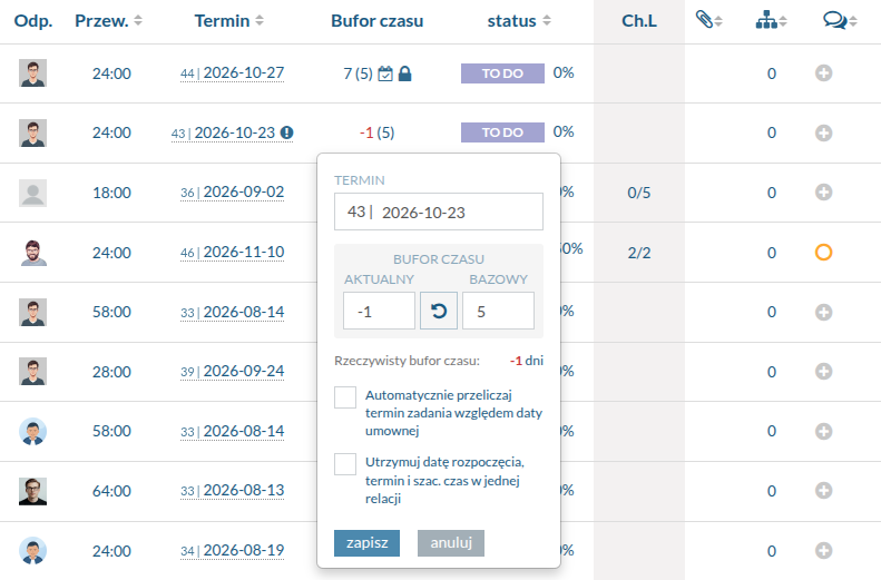 Task list showing the new Lead Time column and the quick-edit pop-up.