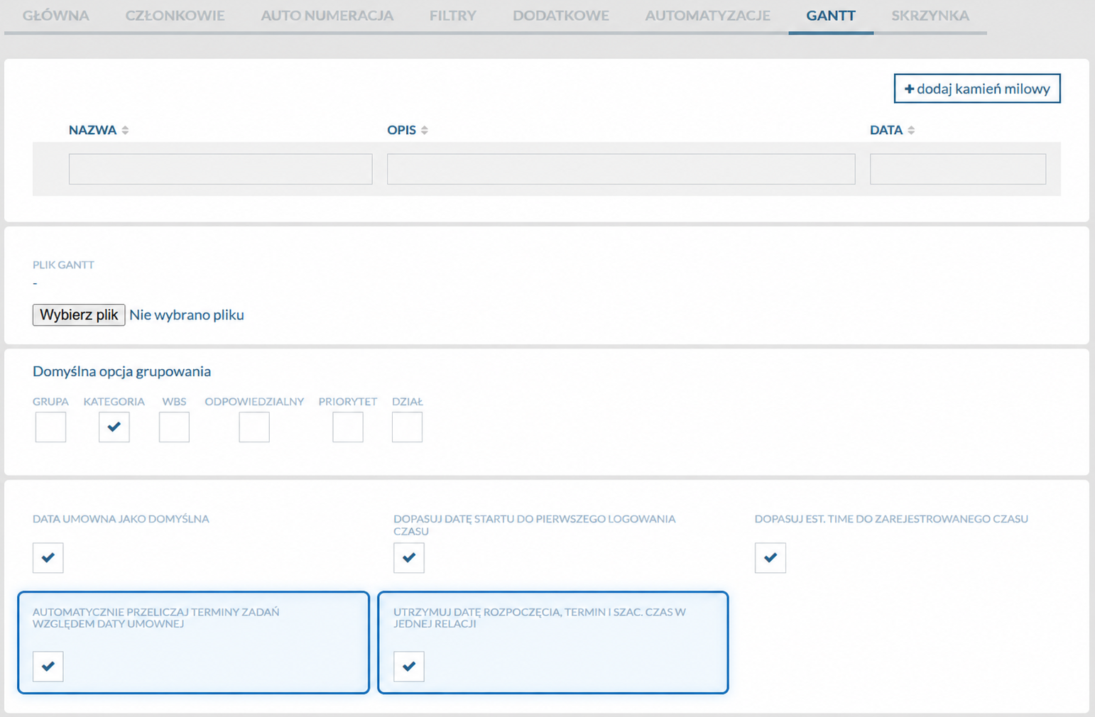 Flowgres project settings, Gantt tab with new automatic deadline recalculation and date relationship settings.